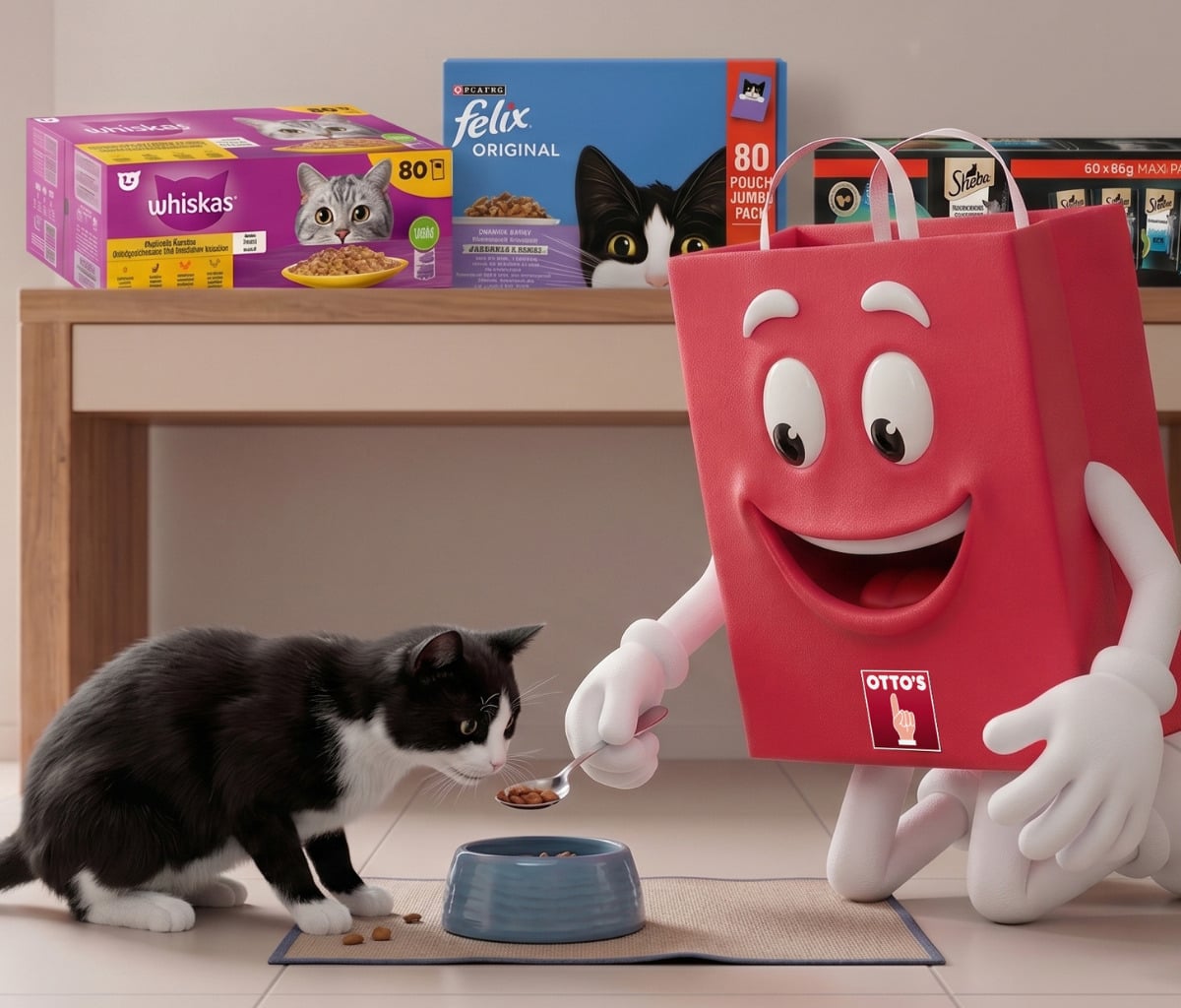 OTTI füttert eine Katze, im Hintergrund sieht man Tierfutter von Whiskas, Fleix und Sheba