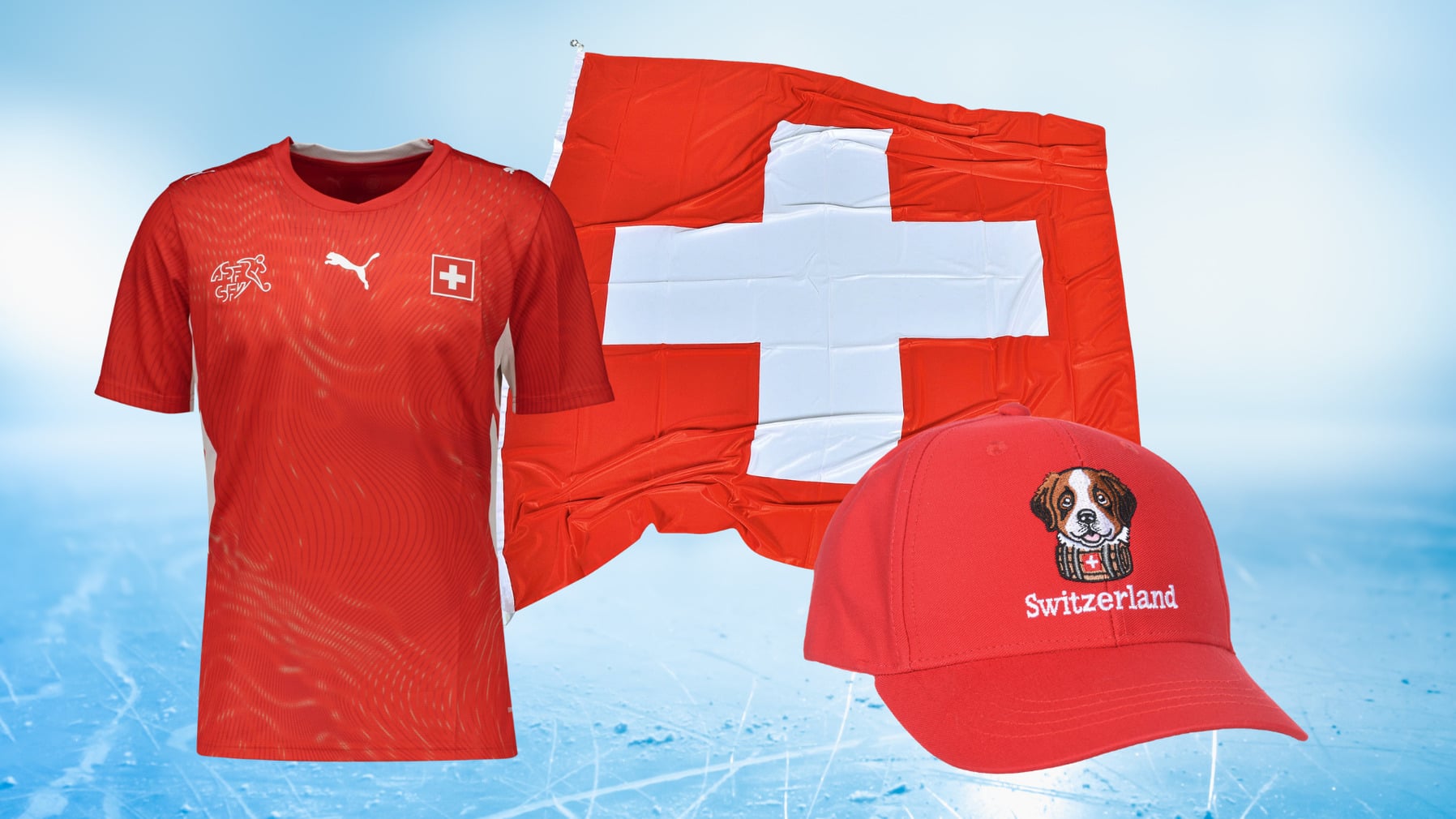 Schweizer Fanartikel auf dem Eis: Trikot, Fahne und Cap.