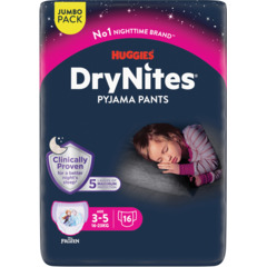 Huggies DryNites Mutandine super assorbenti per la notte, misura 3-5, 16 pezzi