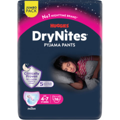 Mutandine super assorbenti per la notte Huggies DryNites, misura 4-7, 16 pezzi