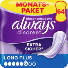 Always Discreet Serviettes pour fuites urinaires Long Plus pack 1 mois 64 pièces
